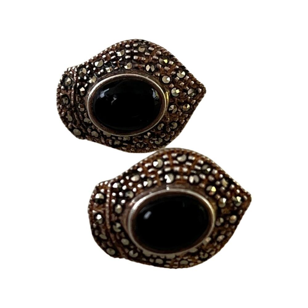 Vintage Art Deco Onyx, Marcasite and Sterling Silver Post Earrings
